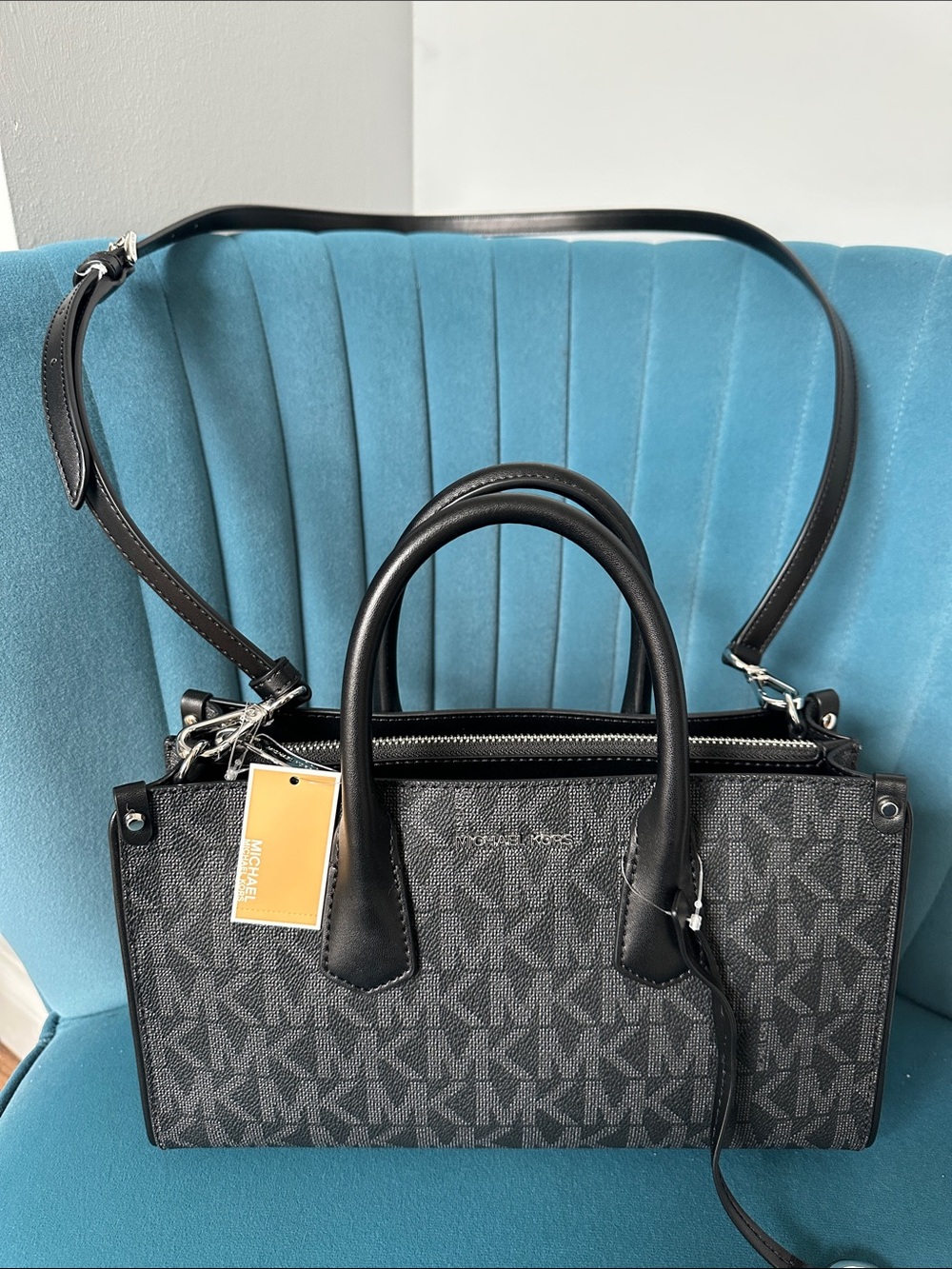 Michael Kors Black and Gray Signature Satchel with MK Charm - Picture 3 of 4